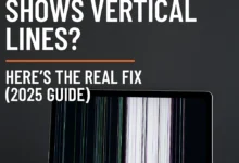 Laptop screen shows vertical lines